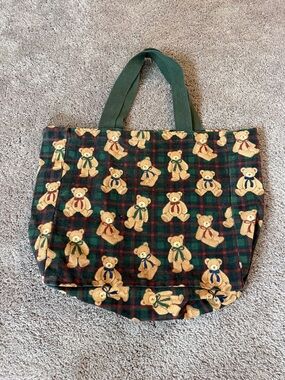 Plaid Teddy Bear bow Tote Bag in Green 100% cotton